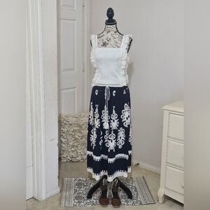 Elegant Navy and White Women's Skirt With Lace Smocked Cotton Top